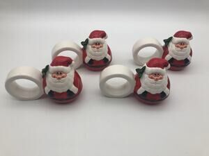 Vintage OCI Omnibus Christmas Santa Claus Napkin Rings Earthenware Set Of 4